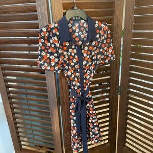 Allegra K Floral Shirt Dress Navy Orange Daisy Print Tie Waist Small